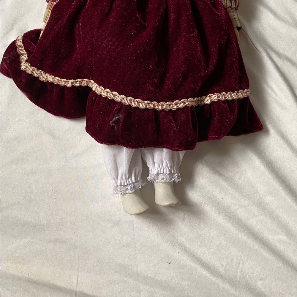 Vintage Style Porcelain Doll in Burgundy Dress - Picture 3 of 9